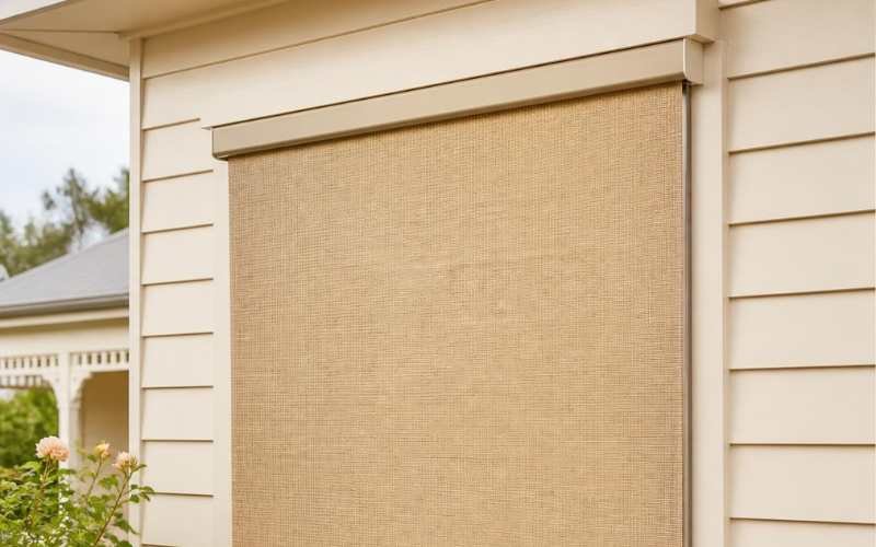 Outdoor verandah blind against warm-toned cream weatherboard cladding