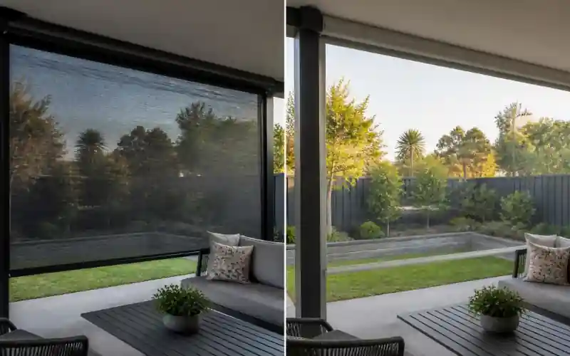 Mesh outdoor blind lowered versus raised on a patio
