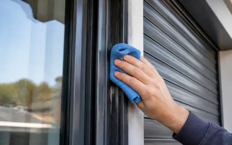 Cleaning a roller shutter guide rail with a microfibre cloth
