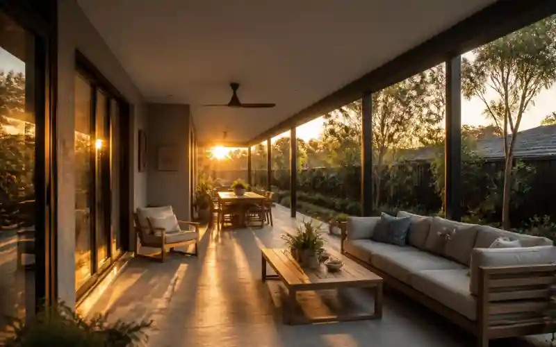 West-facing patio with low afternoon sun shining in under the roof